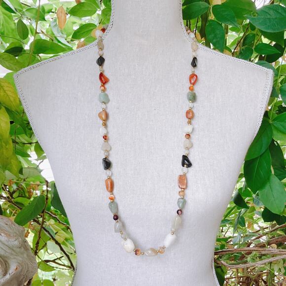 Vintage 1960s Long Gemstone Necklace 34" Jadeite Amethyst Carnelian Onyx Quartz - Picture 2 of 10
